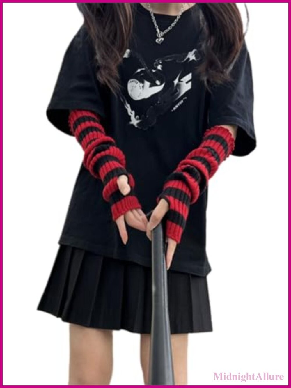 Knit Arm Warmers Fingerless Long Striped Punk Gothic Cosplay